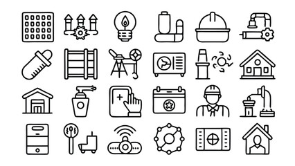 Set of 60 outline icons related to plumbing, heating, ventilation, construction, renovation. Linear icon collection. Editable stroke. Vector illustration
