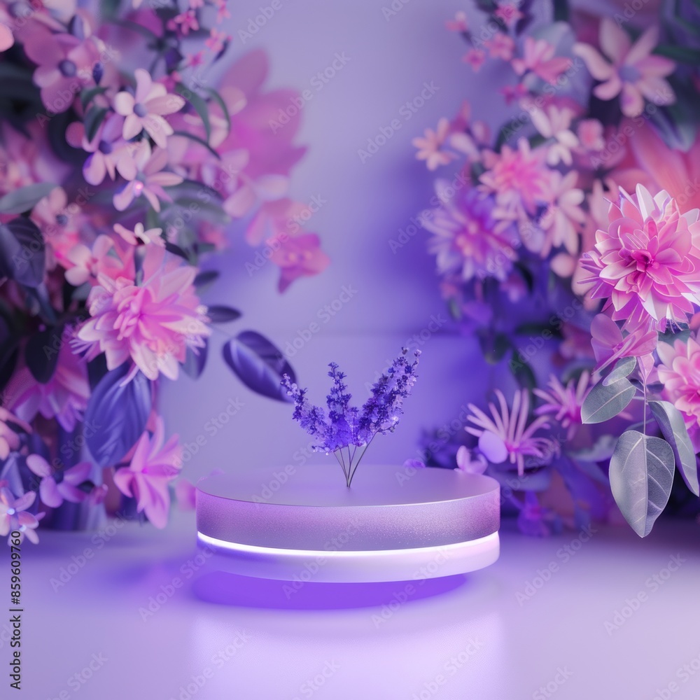 Canvas Prints A purple flower is on a white pedestal in front of a purple background