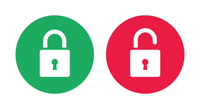 Lock and unlock icon privacy symbol set in green and red circle for user interface design. Lock icon collection. Locked and unlocked icon set. Flat security symbol. Vector Icon.