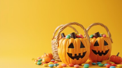 Baskets shaped like pumpkins with candy on a yellow background