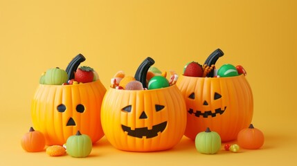 Baskets shaped like pumpkins with candy on a yellow background