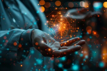 A Person Holds a Digital Brain Model in Their Hand Against a City Lights Background