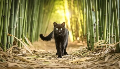 cute playful little black cat with green eyes prowling around in bamboo forest on sunny day; selective focus