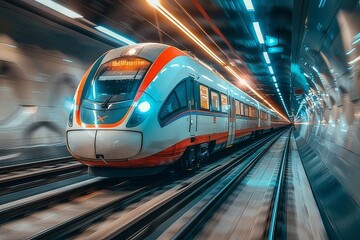 Naklejka premium High-Speed Train Traveling Through a Tunnel at Night