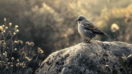 Bird perched on boulder