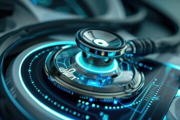 Futuristic closeup of an AIpowered stethoscope with realtime diagnostic capabilities
