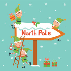 Christmas cartoon card with elves on North Pole sign. 