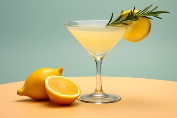 Fototapeta premium Refreshing lemon cocktail with rosemary garnish served in a martini glass.