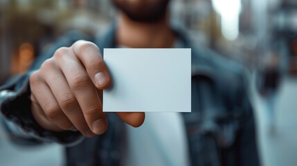 Close up of a man's hand holding a blank business card mockup, a white paper with space for text in front view.
