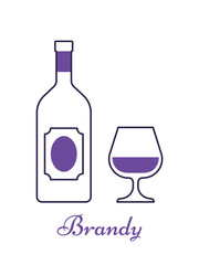 Brandy bottle and glass. Linear alcohol drinks with wineglasses in flat design. Thin line icons. Violet outline objects beverages isolated on white background. Thin line icons. Vector illustration.