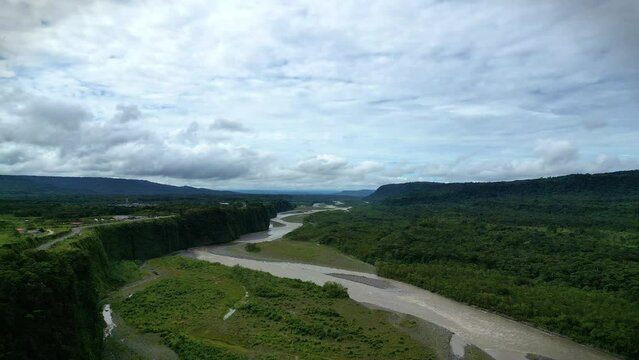 Aerial drone view of Pastaza River, Amazon tributary, from Miramera viewpoint in Puyo, Ecuador