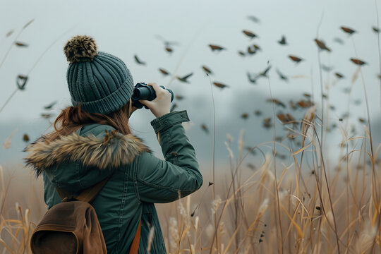 A woman uses binoculars to watch birds flying in a field