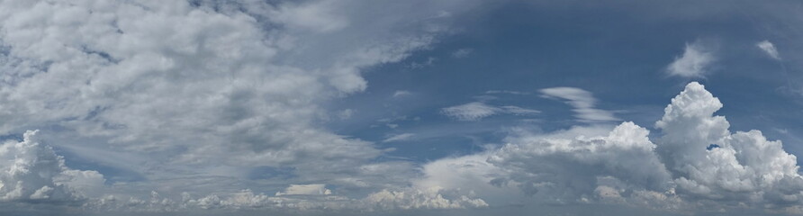 Russia. South of Western Siberia. Panorama of the daytime summer sky with cumulus clouds over the fields of Kuznetsk Alatau.