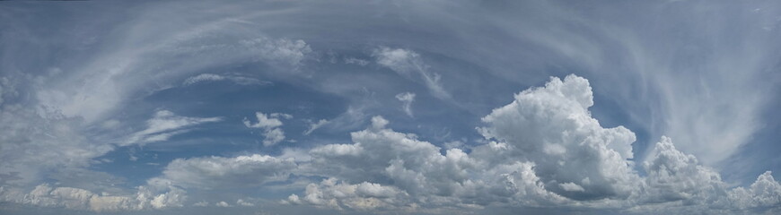 Russia. South of Western Siberia. Panorama of the daytime summer sky with cumulus clouds over the fields of Kuznetsk Alatau.