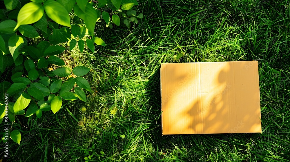 Aufkleber The cardboard box is on the ground The mail is in a box on the green grassSending mailA blank form on a yellow cardboard parcel : Generative AI