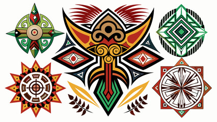 a collection of geometric and tribal-inspired designs, each with its own unique color palette and pattern