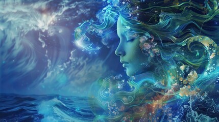 A woman in a blue dress is floating in the water