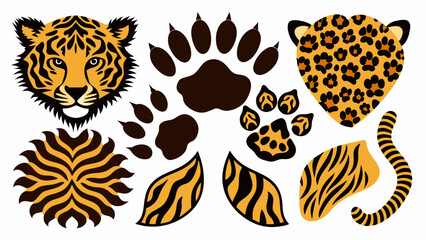 tiger face, paw prints, animal patterns, leopard spots, tiger stripes, tail, bold colors, illustrative style, isolated on white background

