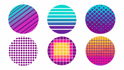geometric patterns, round shapes, vibrant colors, gradients, modern design, abstract art, digital illustration, striped and dotted textures
