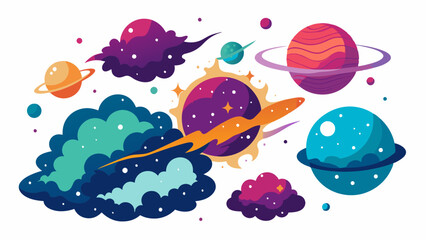 a vibrant and colorful illustration featuring various space-themed elements