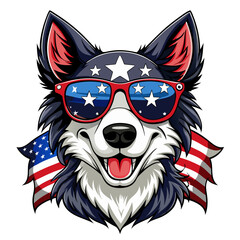 Black and White Illustration of a Smiling Dog Wearing Patriotic American Flag Sunglasses