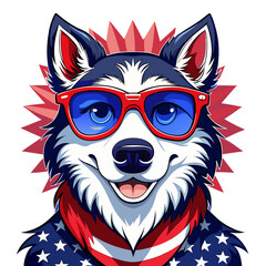 Black and White Illustration of a Smiling Dog Wearing Patriotic American Flag Sunglasses