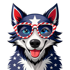 Black and White Illustration of a Smiling Dog Wearing Patriotic American Flag Sunglasses