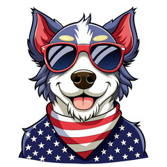 Black and White Illustration of a Smiling Dog Wearing Patriotic American Flag Sunglasses