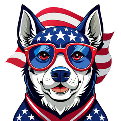Black and White Illustration of a Smiling Dog Wearing Patriotic American Flag Sunglasses