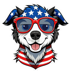 Black and White Illustration of a Smiling Dog Wearing Patriotic American Flag Sunglasses
