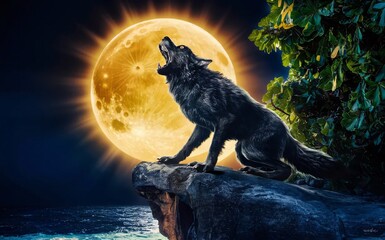 A werewolf howling at the full moon from the top of a rocky cliff,Halloween