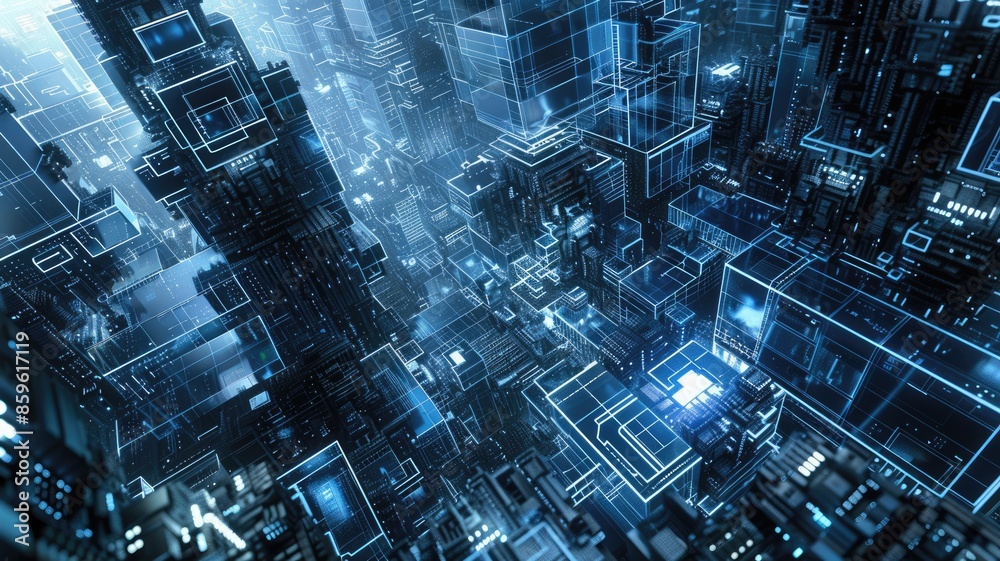 Wall mural futuristic cityscape with glowing lights and data streams. digital artwork of abstract image of skys