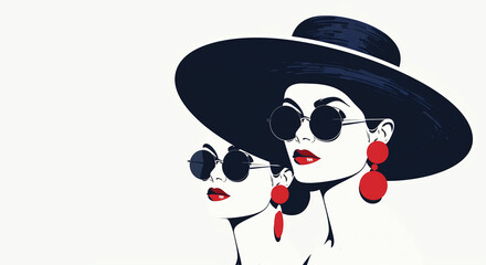 Fashion illustration of two elegant women in sunglasses wearing large hats with red earrings. Light background. High-fashion. Generative AI.