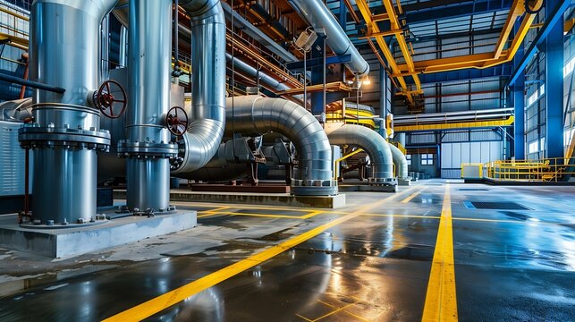 Industrial interior chiller and boiler HVAC heating ventilation air conditioning system and pipping line of industrial construction at boiler pump room system in the factory : Generative AI