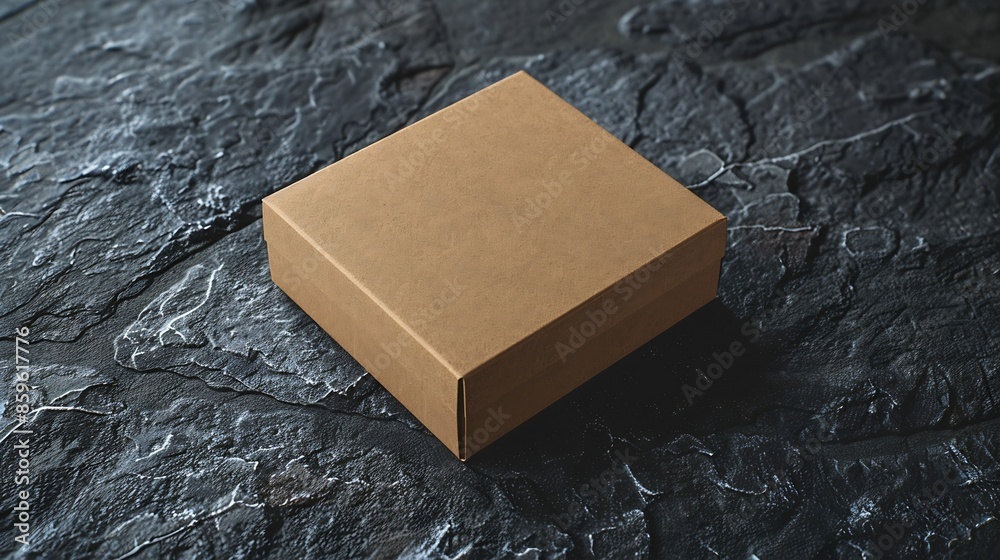 Aufkleber Empty design of a brown box on a black stone concrete Mock upward view from above isolated Packing box Cardboard template is closed at the top : Generative AI