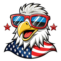 Black and White Illustration of a Smiling Eagle Wearing Patriotic American Flag Sunglasses