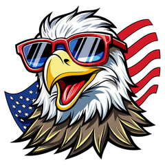 Black and White Illustration of a Smiling Eagle Wearing Patriotic American Flag Sunglasses