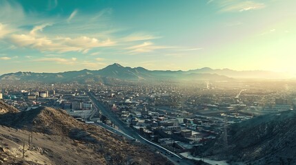 Borderland Panorama 4K Panoramic View of El Paso City and Ciudad de Juarez with Mountains and Sky : Generative AI