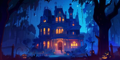Halloween Celebration with Haunted Mansion Illustration