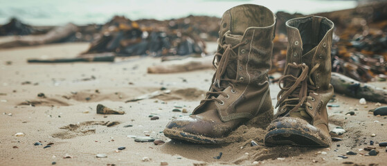 Muddy, well-worn boots resting on a sandy beach, suggesting a story of an adventurous journey or exploration by the sea.