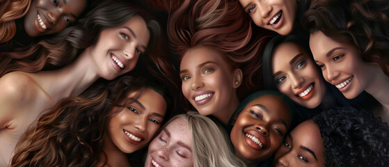 Obraz premium A group of diverse women, each wearing a radiant smile, lying in a circle with heads touching, showcasing unity and happiness.