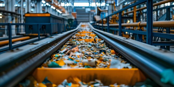 Conveyor belt with collected waste ready for incineration at a sorting center. Concept Waste Management, Sorting Center, Incineration Process, Conveyor Belt, Recycling Efforts