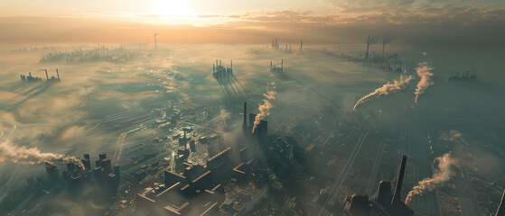 Naklejka premium A sprawling industrial cityscape blanketed in dense fog and smoke under a hazy sunset, showcasing pollution and environmental issues.