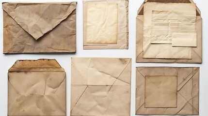 collection of  various grunge papers and envelopes on white background each one is shot separately : Generative AI
