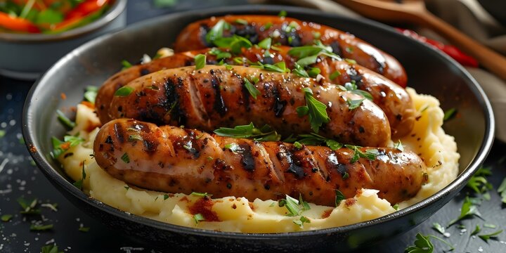 Classic British Dish Bangers and Mash - Sausages with Mashed Potatoes. Concept British cuisine, Bangers and Mash, Traditional dishes, Savory sausages, Creamy mashed potatoes