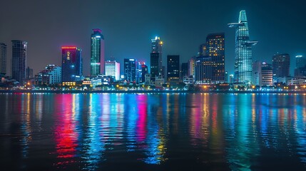 Fototapeta premium Awesome Ho Chi Minh City skyline Night view of skyscrapers and other highrise buildings at downtown of Ho Chi Minh City Vietnam Colorful city lights reflected in water of the Saigon Ri : Generative AI