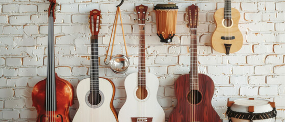 Naklejka premium A collection of diverse string instruments, including guitars and a double bass, hang elegantly on a white brick wall, showcasing rich textures and craftsmanship.