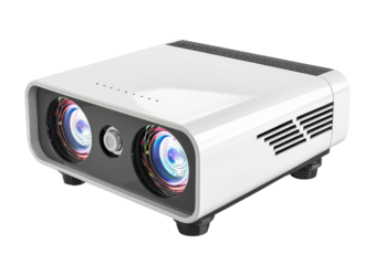 Modern dual-lens projector with sleek white design, ideal for home theater or office presentations. High-quality image projection.