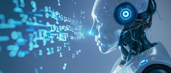 Futuristic robot profile with a glowing blue eye surrounded by floating binary code and digital elements.