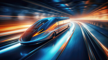 generated illustration of fast express passenger train, futuristic conceptual technology on high speed railway.